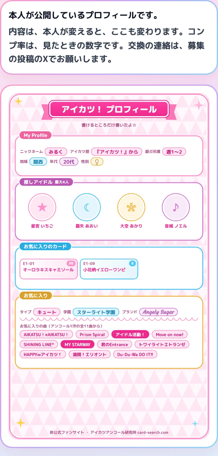 公開されたプロフィールのページ。2枚のプロフィールが並ぶ