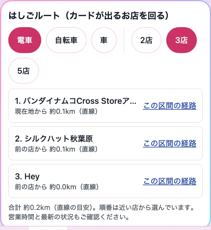 はしごルート（近い順に回るお店の一覧）